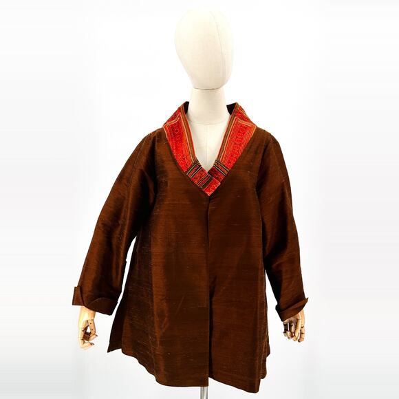 Vintage 90s Hmong Brown Silk Embroidered Thai Tribal Jacket - Picture 3 of 8